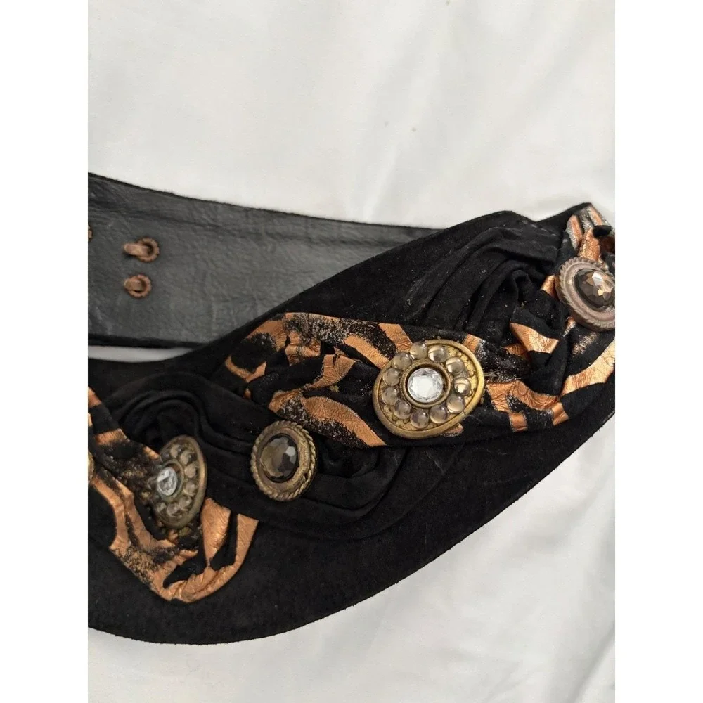 Vintage 1992 Nina Arjani Leatherock Black Gold Animal‎ Print Wide Waist Belt L